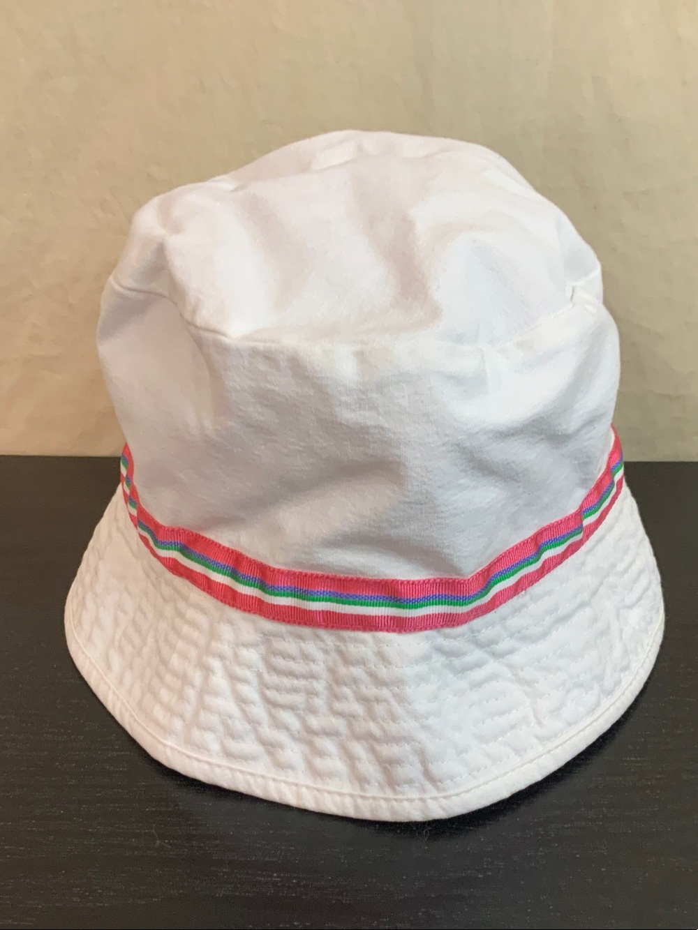 Kids White Bucket Hat with Pink & Teal Stripe